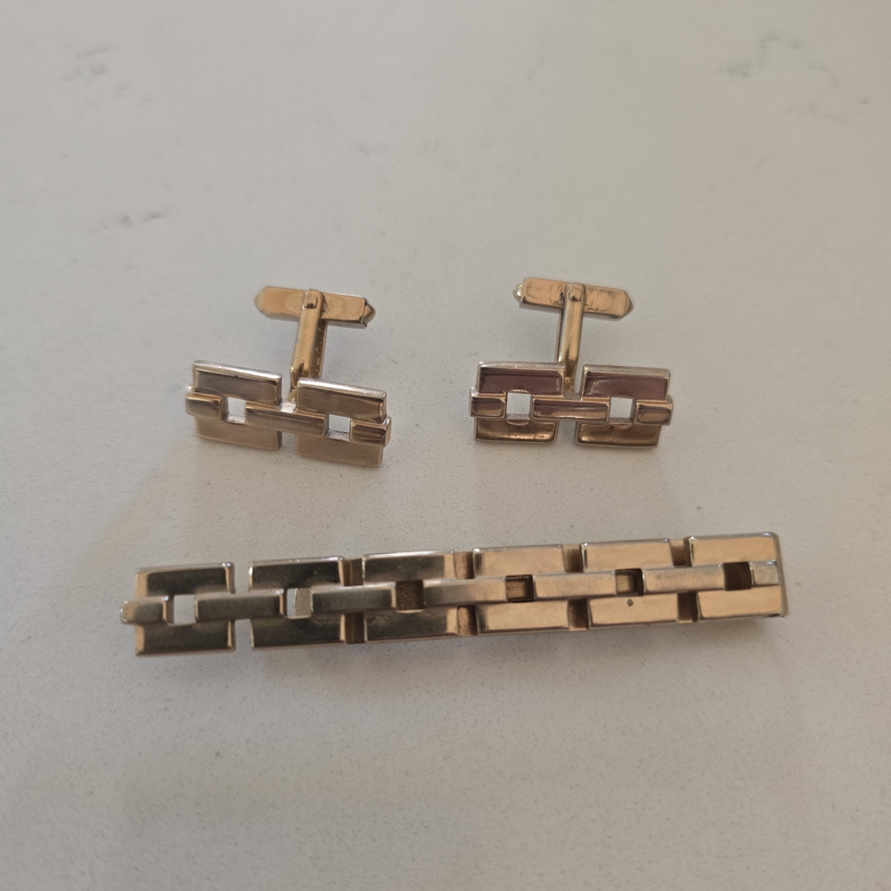 Elegant Gold and Silver Cufflinks and Tie Clip Set